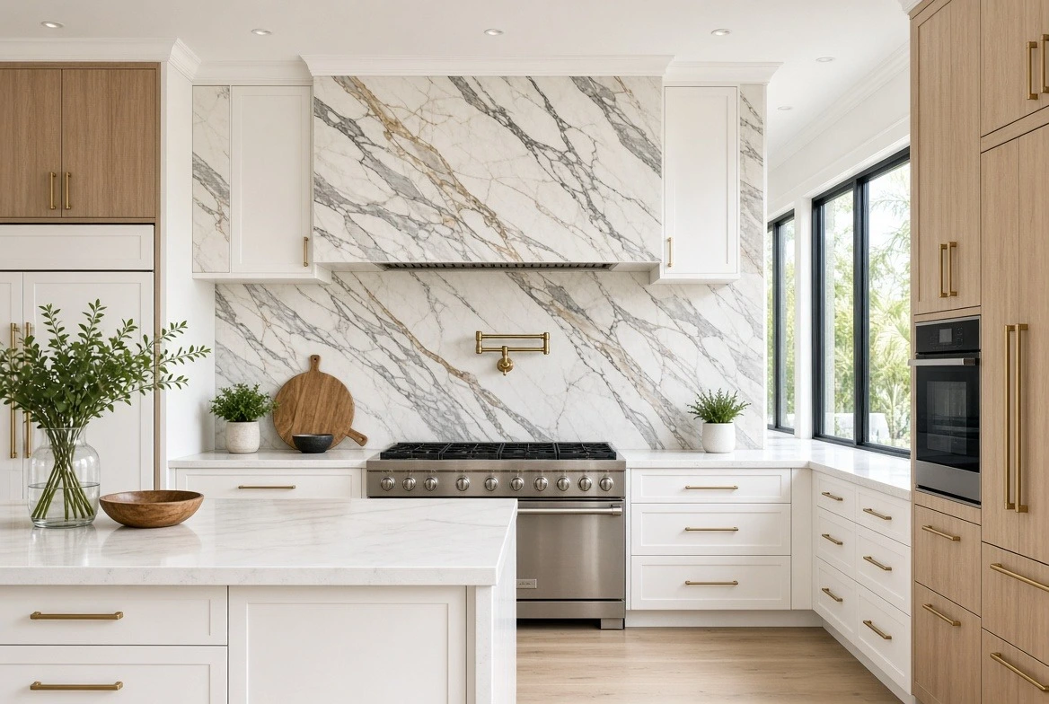 Modern Fort Lauderdale kitchen with a full-height stone backsplash behind the range
