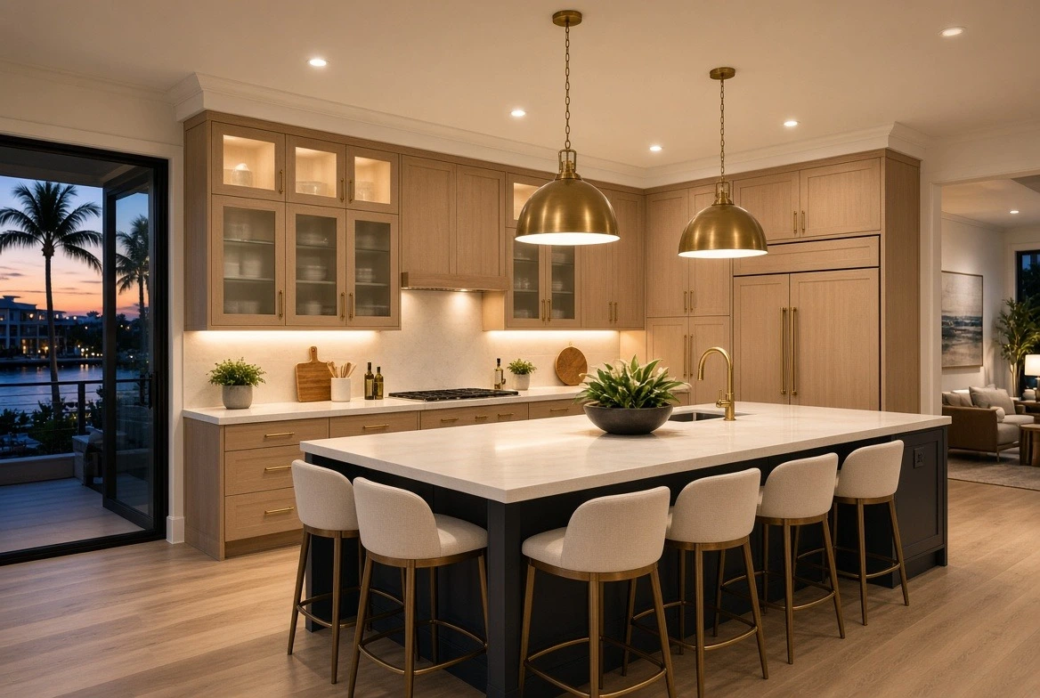 Warmly lit Fort Lauderdale kitchen with layered recessed, under-cabinet, and pendant lighting
